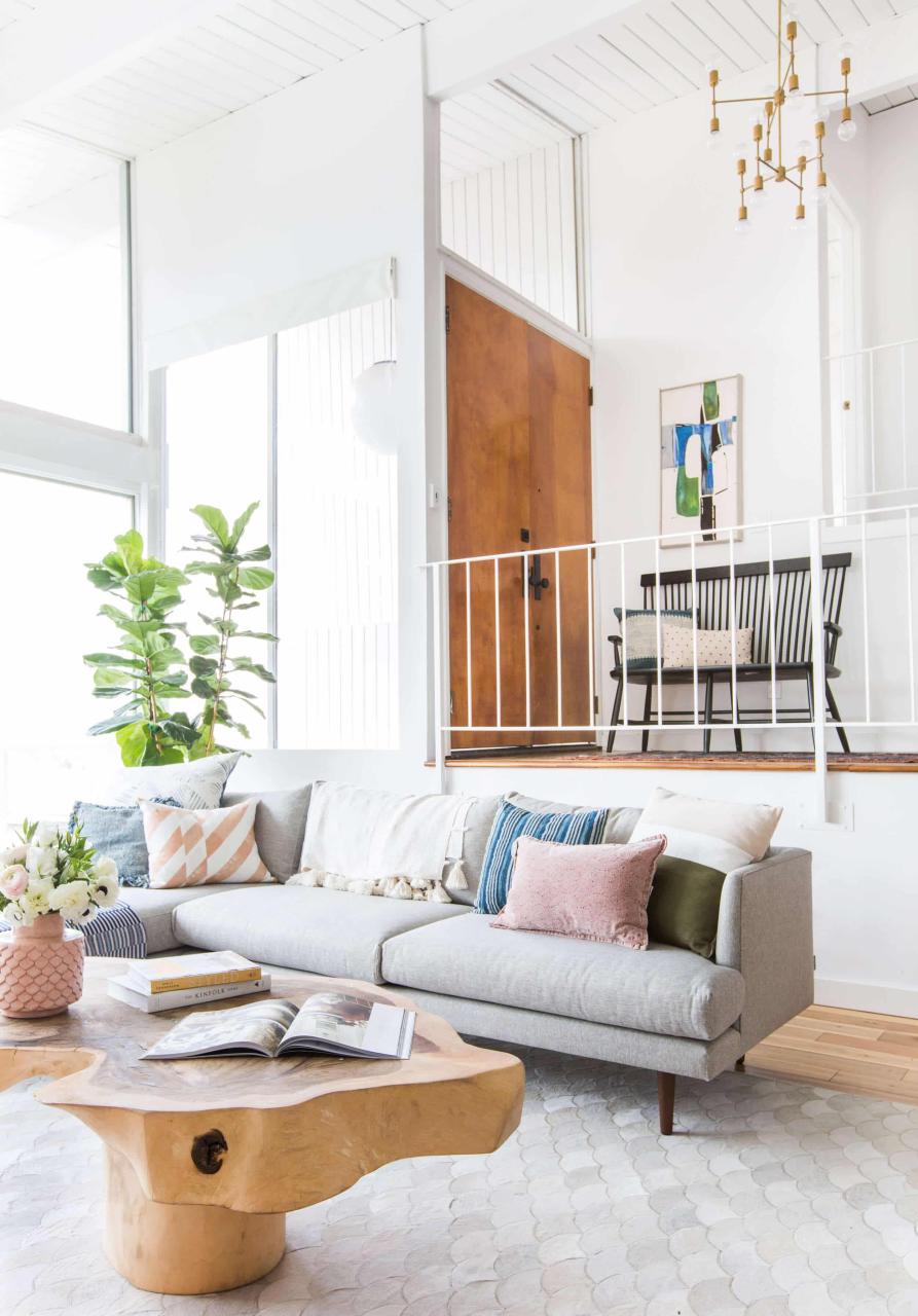 Emily Henderson Living Room Staged To Sell Boho Mid Century Eclectic Blue White Styled Couch Sectional Staged2