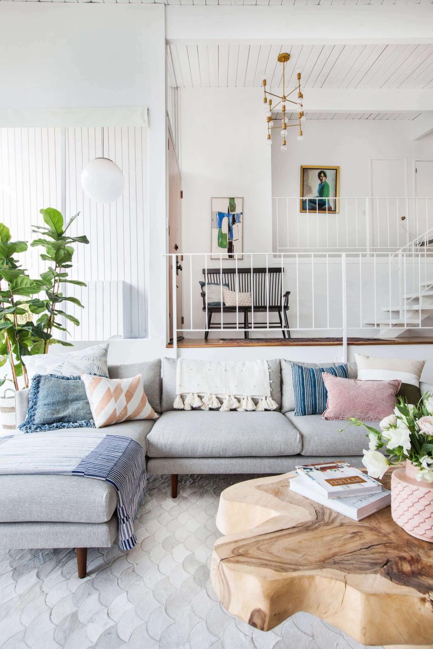 Emily Henderson Living Room Staged To Sell Boho Mid Century Eclectic Blue White Styled Couch Sectional Staged4